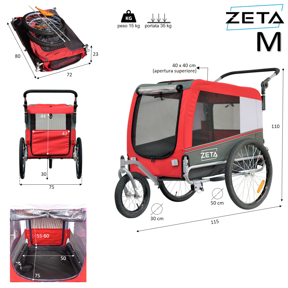 Remolque bicicleta + Cochecito para perro | Mod. \"ZETA MEDIUM\" - Dimensiones interiores: 50x75 cm